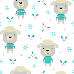 seamless winter pattern with cute cartoon sheep
