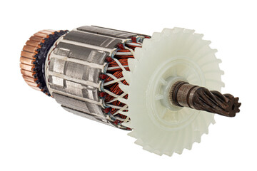 Rotor or of anchor electric motor closeup, isolated on white background