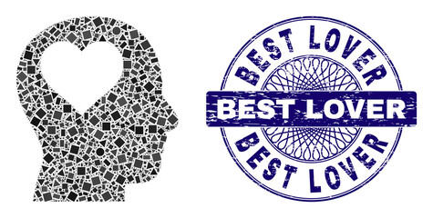 Geometric collage lover head, and Best Lover textured seal. Blue seal includes Best Lover title inside circle form. Vector lover head collage is done with scattered circle, triangle, rectangular dots.