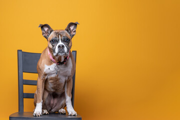 Bulldog Boxer portrait sitting on a chair in front of a Yellow Backdrop