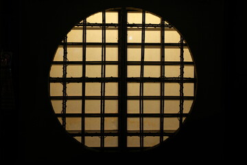 Kyoto,Japan - November 21, 2021: Large round window or Marumado Shoji in Japan 
 - obrazy, fototapety, plakaty