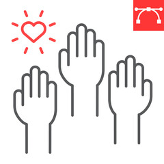 Fototapeta na wymiar Volunteering line icon, teamwork and volunteer, hands up vector icon, vector graphics, editable stroke outline sign, eps 10.