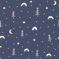 Seamless decorative pattern of winter forest at night. Snowdrifts, Christmas trees, stars, moon, snowfall.
