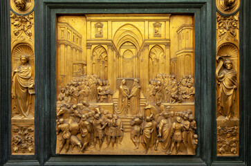 Baptistery - Florence . The door of paradise. Panel of the Door of Paradise - Solomon and the queen of Sheba - obrazy, fototapety, plakaty