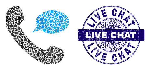 Geometric mosaic phone message, and Live Chat textured stamp seal. Blue stamp includes Live Chat tag inside circle form. Vector phone message mosaic is made of scattered round, triangle,