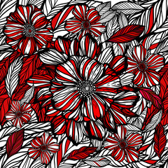Graphic red-white flowers seamless pattern. Vector illustration