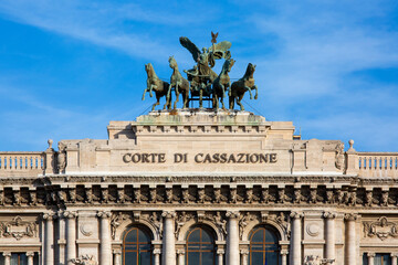 Fototapeta na wymiar Quadriga at the top of Palace of Justice seat of Supreme Court of Cassation (Corte di Cassazione), Rome, Italy
