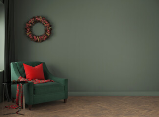 Wall mockup in home interior background decorated for Christmas, , 3d render