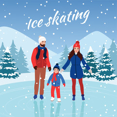 People ice skating. Family on winter ice rink.  Vector illustration.