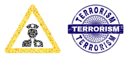 Geometric mosaic policeman warning, and Terrorism scratched seal imitation. Violet stamp seal includes Terrorism text inside circle form. Vector policeman warning mosaic is made of random circle,