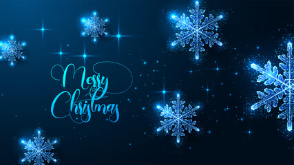 Abstract Merry Christmas digital web banner template with glowing snowflakes on dark blue background