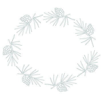 Silver elegaert oval frame with Pine cones for greeting cards, wedding invitations and covers. White background. Vector isolated illustration.