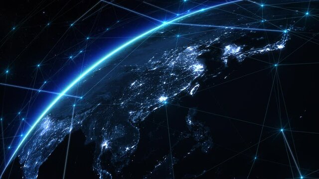 Animation of Earth Rotating With City Lights. Bright Connections Forming A Network Over Asia, Japan and China. This Video Can Be Used To Represent Concepts Like Futuristic Technology, Social Networks