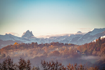 View from the Boulevard des Pyrénées  at sunrise during winter in Pau, France - obrazy, fototapety, plakaty