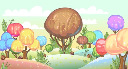 Candy background. Cartoon sweet land. Beads of jelly, ice cream and caramel. Chocolate tree. Cute childrens fairy landscape. Clouds. Fantastic illustration. Vector
