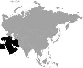 Black Map of Middle East region of Asia inside the gray map of Asia