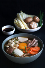 asian, baby corn, beef, bowl, broth, brown, cabbage, carrot, cuisine, culture, egg, fresh, freshness, gourmet, green, health, healthy, hot, ingredient, japan, japanese, kitchen, meal, meat