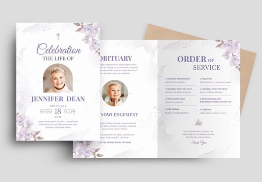 Funeral Program Memorial Service Obituary Layout with Purple Watercolor Floral Flowers