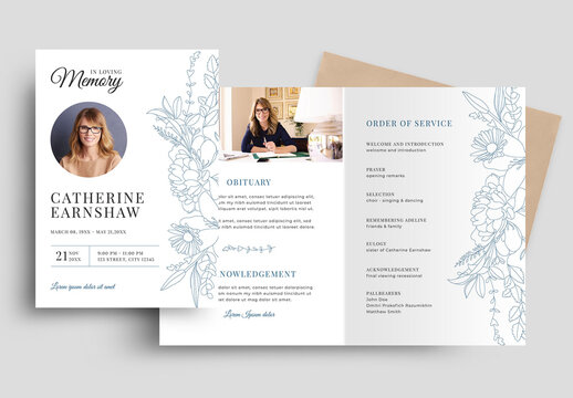 Modern Funeral Program Memorial Service Obituary Layout with Blue Floral Illustrations