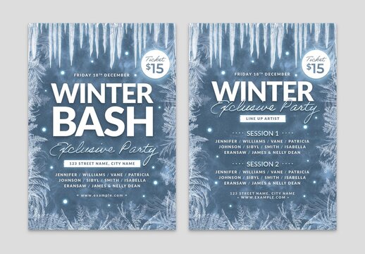 Winter Party Flyer with Ice Frozen Background