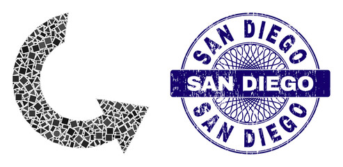 Geometric collage rotate ccw, and San Diego rubber seal print. Violet stamp seal includes San Diego text inside circle form. Vector rotate ccw collage is designed of different round, triangle,