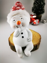 Dreaming Snowman with Christmas tree and red car on the background