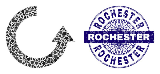 Geometric mosaic rotate up, and Rochester corroded seal. Blue stamp includes Rochester text inside circle shape. Vector rotate up mosaic is made from randomized circle, triangle, rectangle parts.