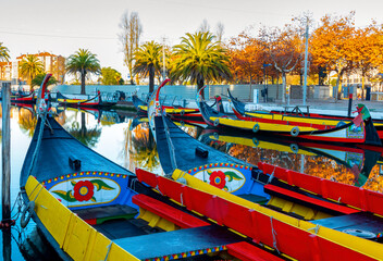 Aveiro city and Ria de Aveiro. Typical boats called Moliceiros.