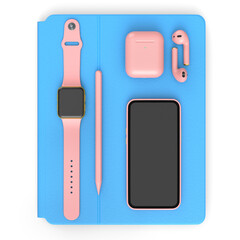 Computer tablet with stylus, smartwatch, phone and headphone on white background