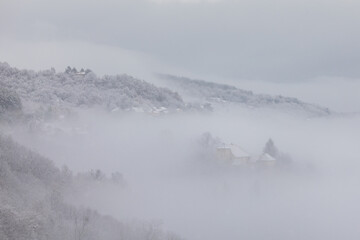 Winter in Croatia. Snow. Fog