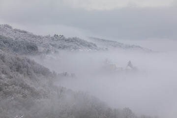 Winter in Croatia. Snow. Fog
