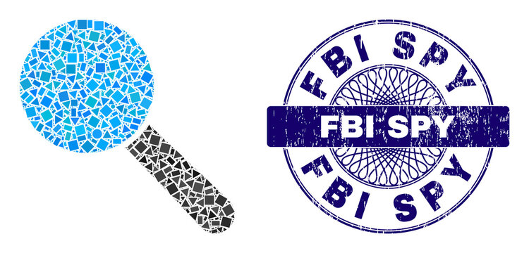 Geometric mosaic search tool, and FBI Spy unclean seal print. Blue seal contains FBI Spy caption inside circle form. Vector search tool mosaic is created of randomized circle, triangle,