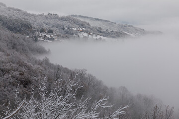 Winter in Croatia. Snow. Fog