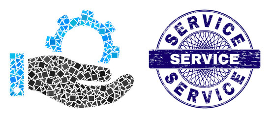 Geometric mosaic service, and Service corroded seal. Blue seal includes Service text inside circle shape. Vector service mosaic is created of random circle, triangle, square elements.