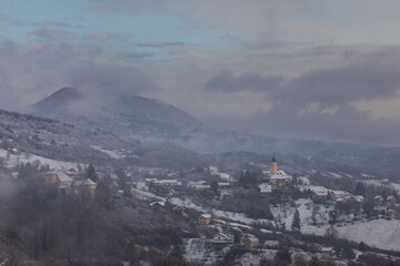 Winter in Croatia. Snow. Fog.