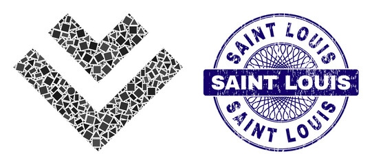 Geometric mosaic shift down, and Saint Louis scratched seal imitation. Violet stamp seal has Saint Louis tag inside round shape. Vector shift down mosaic is organized with scattered round, triangle,