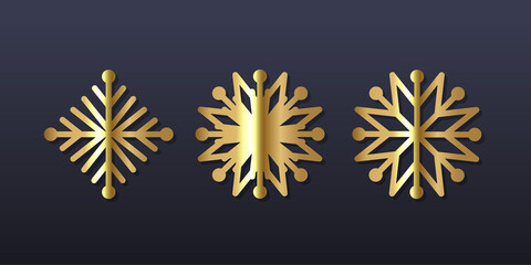 Set of golden snowflakes. Three vector snowflakes isolated on dark background.