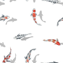 Hand painted watercolor seamless pattern with koi carp isolated on white background. For fabric, textile, wrapping paper, table cloth, napkin, clothes, postcards, wedding design asian style decoration