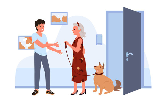 Cartoon Woman Pet Owner Holding Out Dog Leash To Young Man Worker, Standing At Door Of House. Domestic Animal Daycare, Dog Sitter, Training Concept. Professional Dog Walker Service Vector