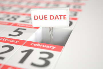 DUE DATE sign on February 6 in a calendar, 3d rendering