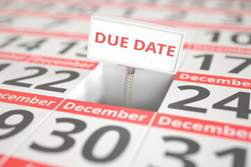 DUE DATE sign on December 23 in a calendar, 3d rendering