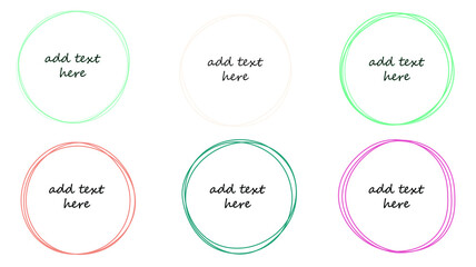 Vector set of six colorful hand drawn circle frames with copy space for text. Design templates for social media graphics.