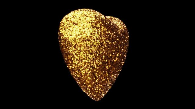 Realistic seamless looping 3D animation of the spinning sequin gold heart rendered in UHD with alpha matte