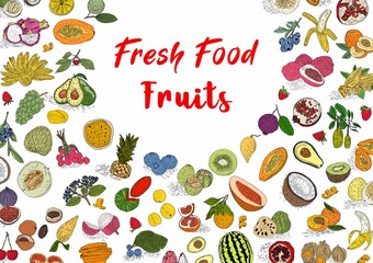 Fruit collection in flat hand drawn style, decorative retro style illustrations set. Tropical fruit and graphic design elements. Sketch style, ingredients color cliparts.