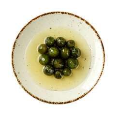 Delicious whole unripe figs in syrup on a white porcelain plate isolated on a white background....