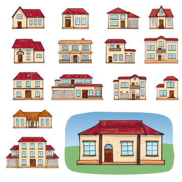Set of different houses, detached, single family houses with gardens and garage. Hand drawn cartoon vector illustration. Doodle home set - cartoon scribble style vector illustration.