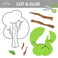 Education paper game for the development of preschool children. Cut parts and glue on the paper. Vector illustration. Green tree