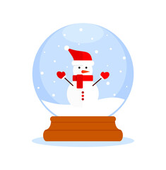 Christmas snow glass ball with snowman in red hat, scarf and mittens. Flat vector illustration