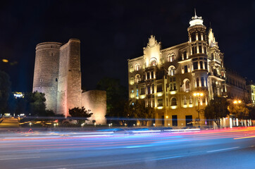 Fototapeta na wymiar Maiden Tower in the night city of Baku
