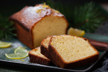 Fototapeta na wymiar Delicious homemade lemon loaf (pound) cake, close up
